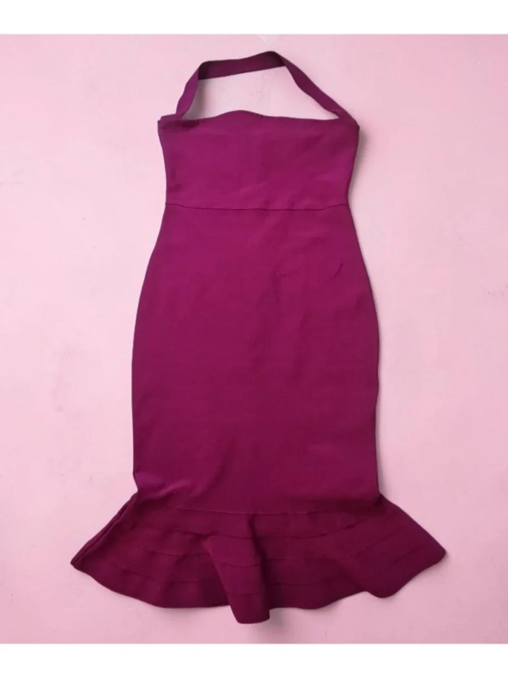 Akira Halter Neck Peplum Mermaid Bandage Cocktail Dress Magenta L